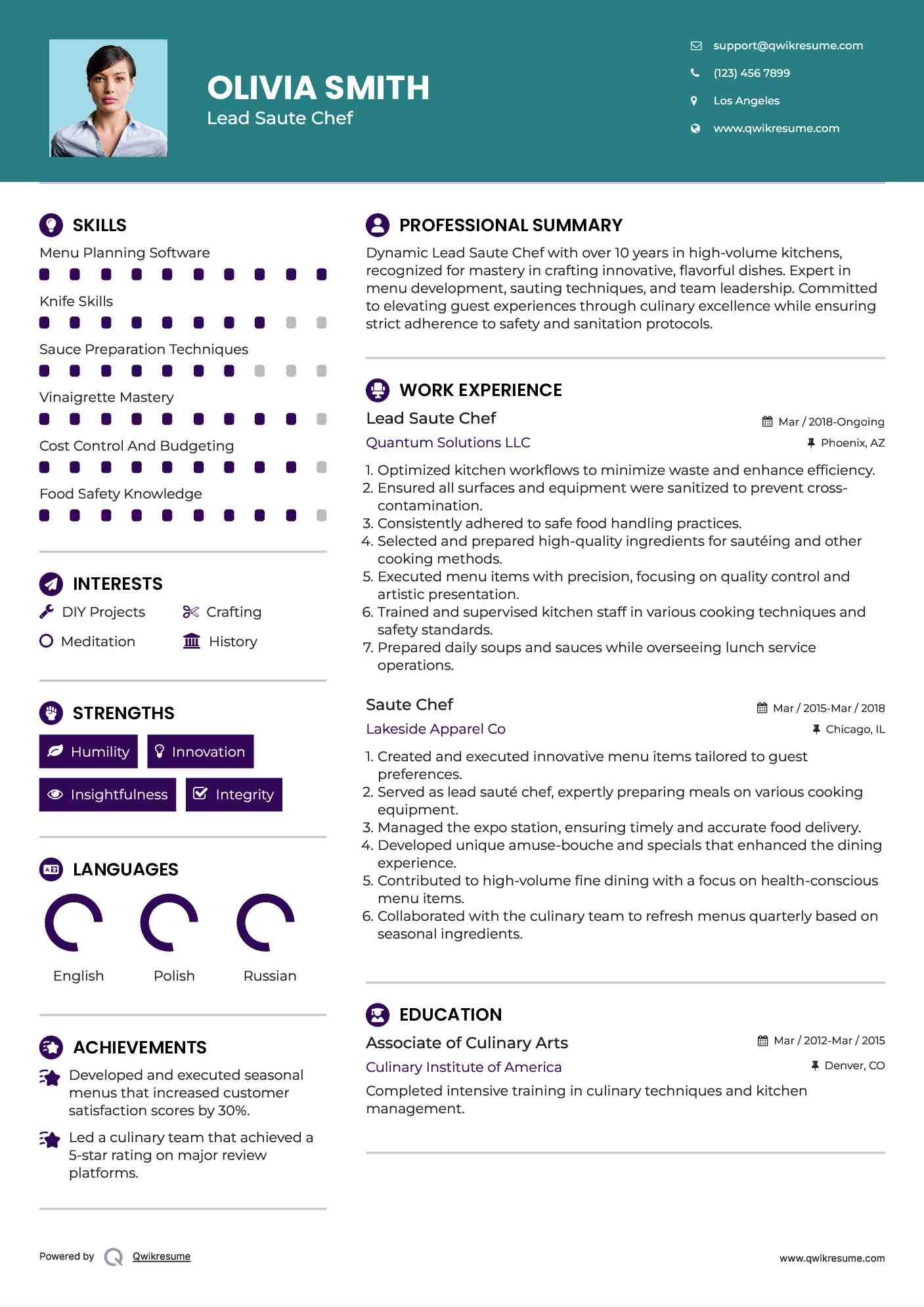 Lead Saute Chef Resume Sample