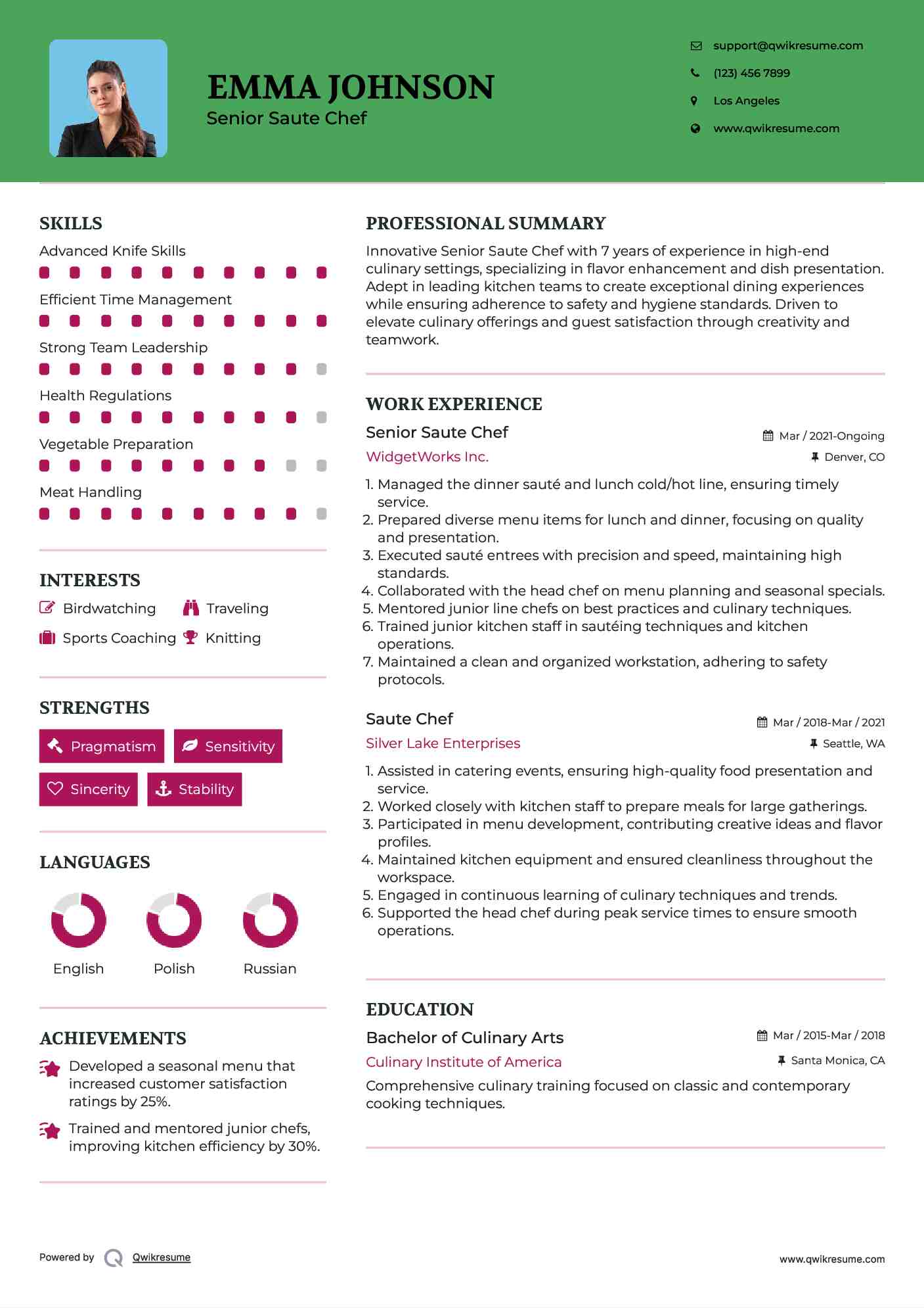 Senior Saute Chef Resume Model