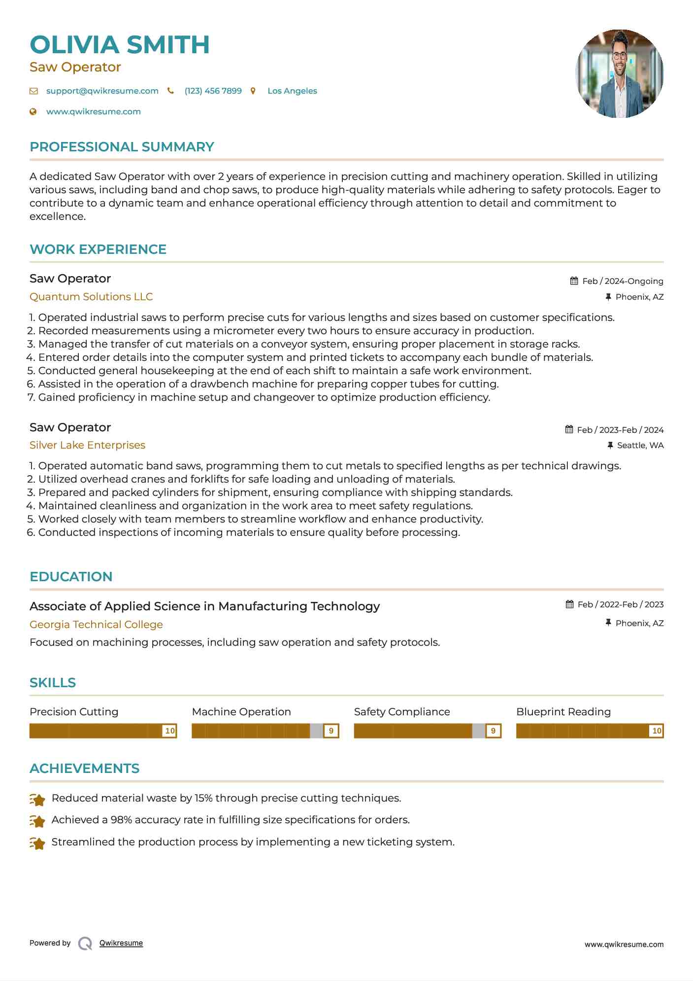 Saw Operator Resume Samples QwikResume