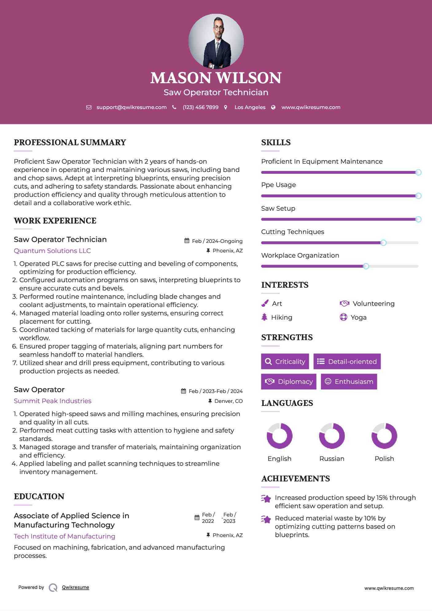 Saw Operator Resume Samples QwikResume