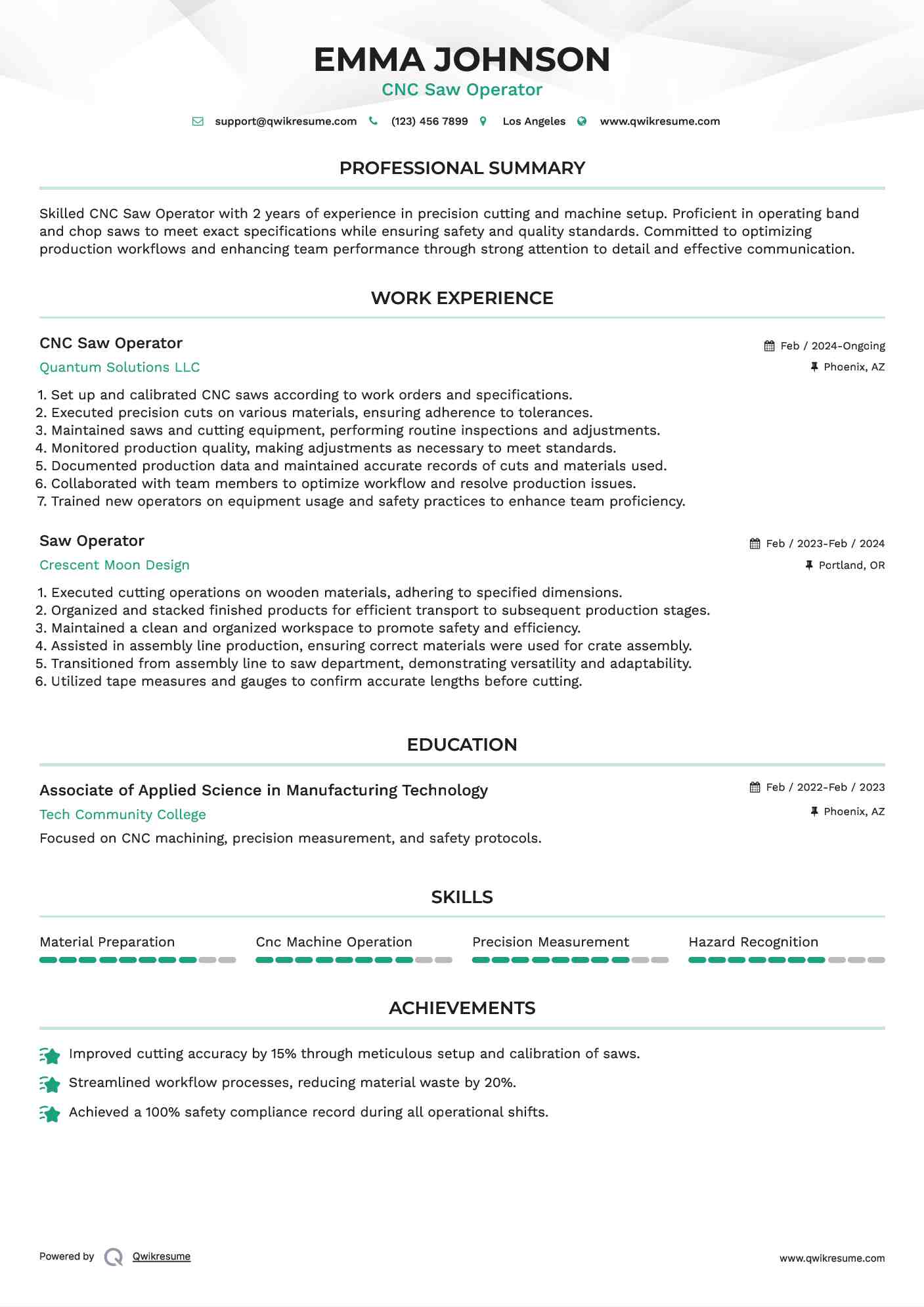 Saw Operator Resume Samples QwikResume
