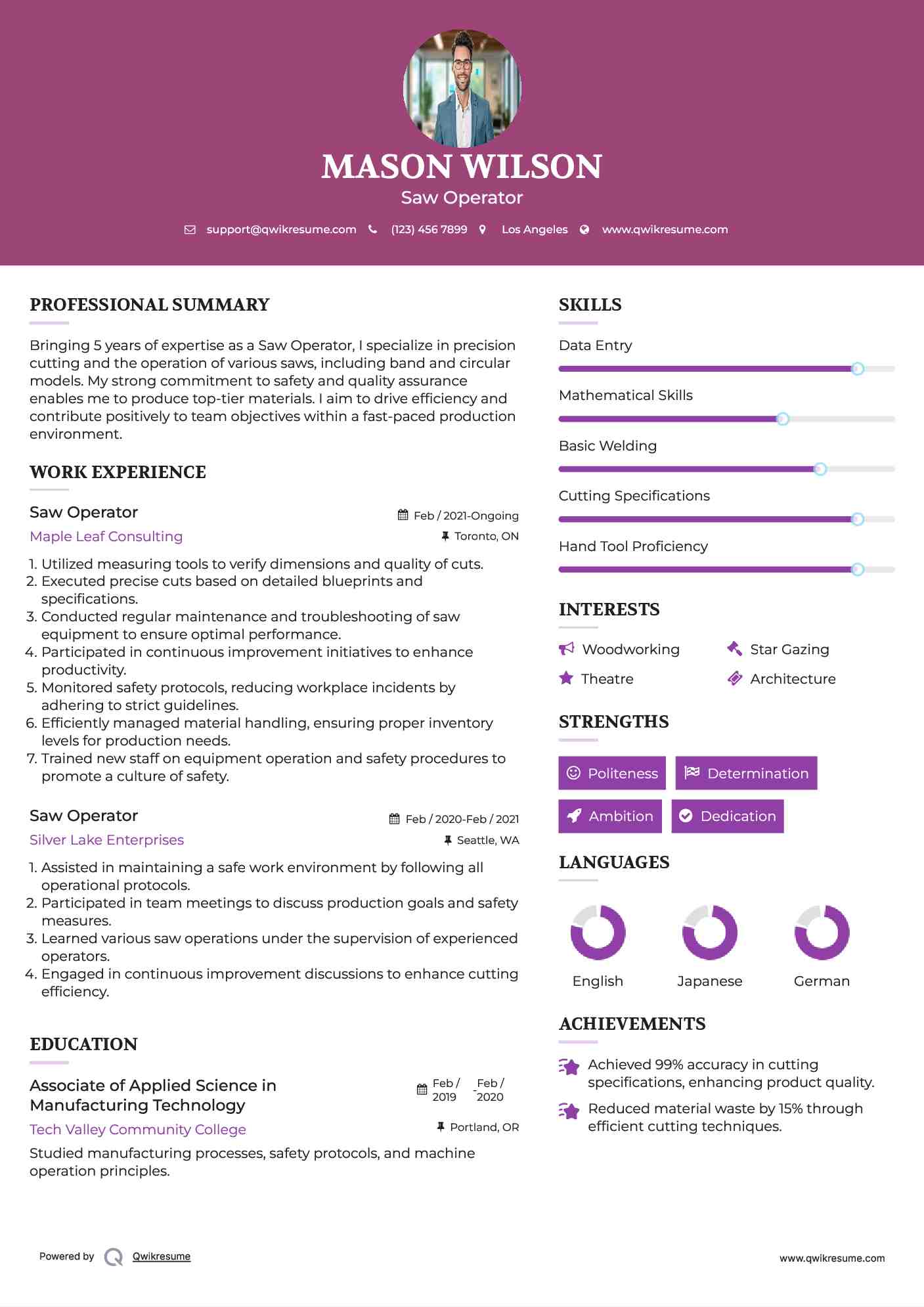 Saw Operator Resume Model