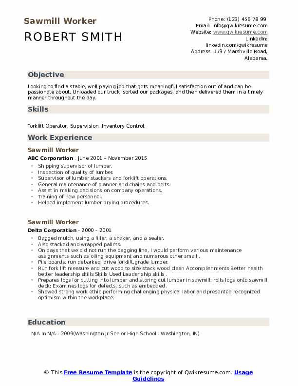 Sawmill Worker Resume Samples QwikResume
