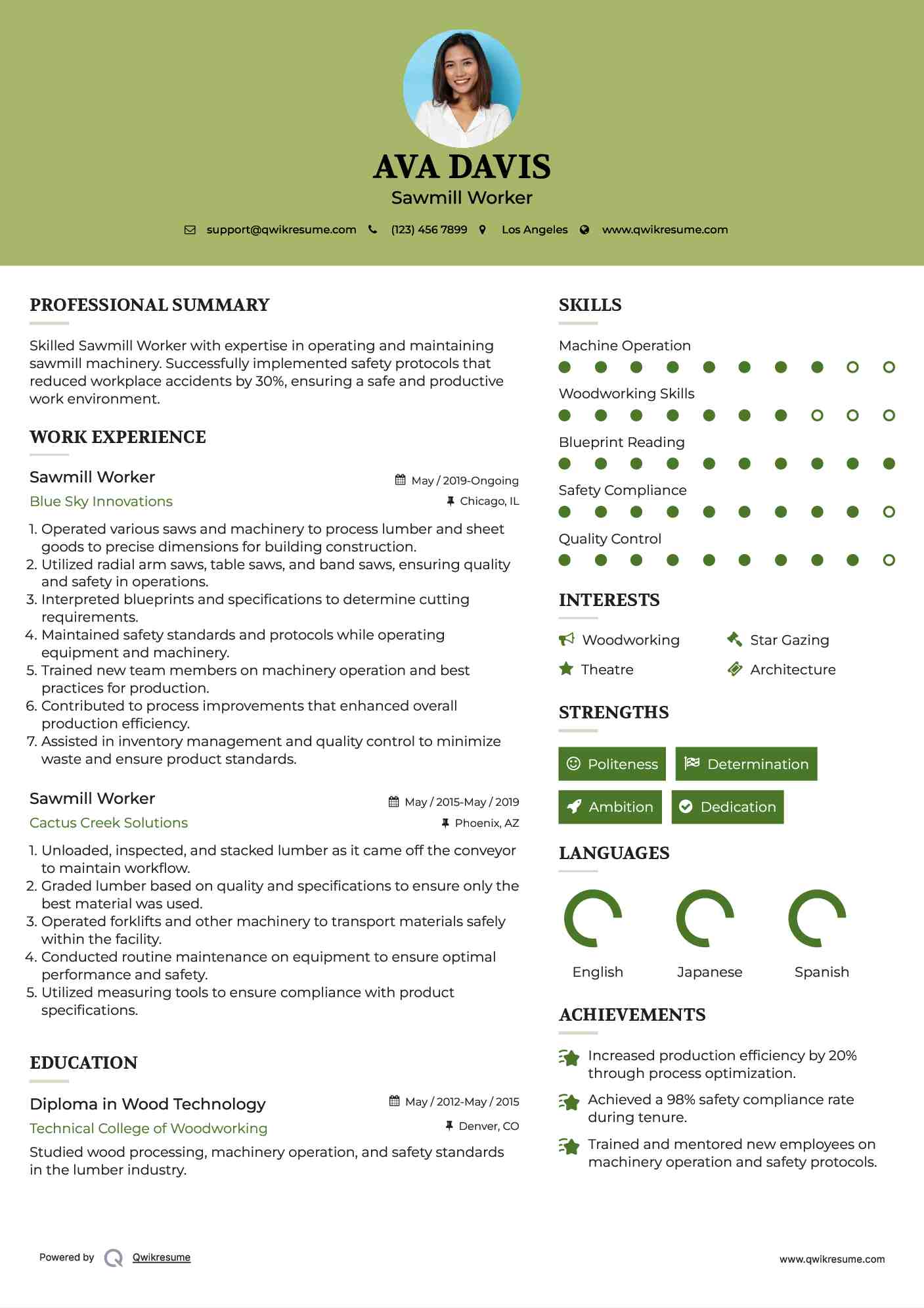 Sawmill Worker Resume Example