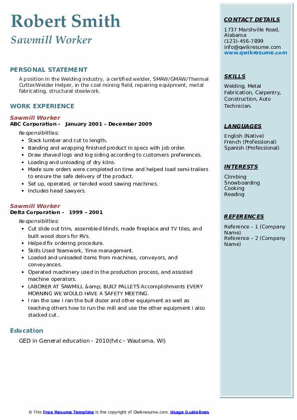 Sawmill Worker Resume Samples QwikResume