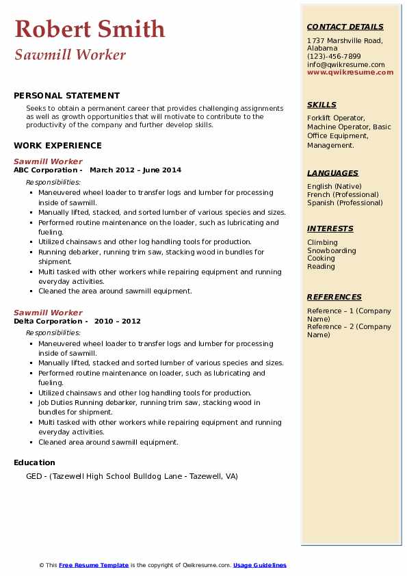 Sawmill Worker Resume Samples QwikResume