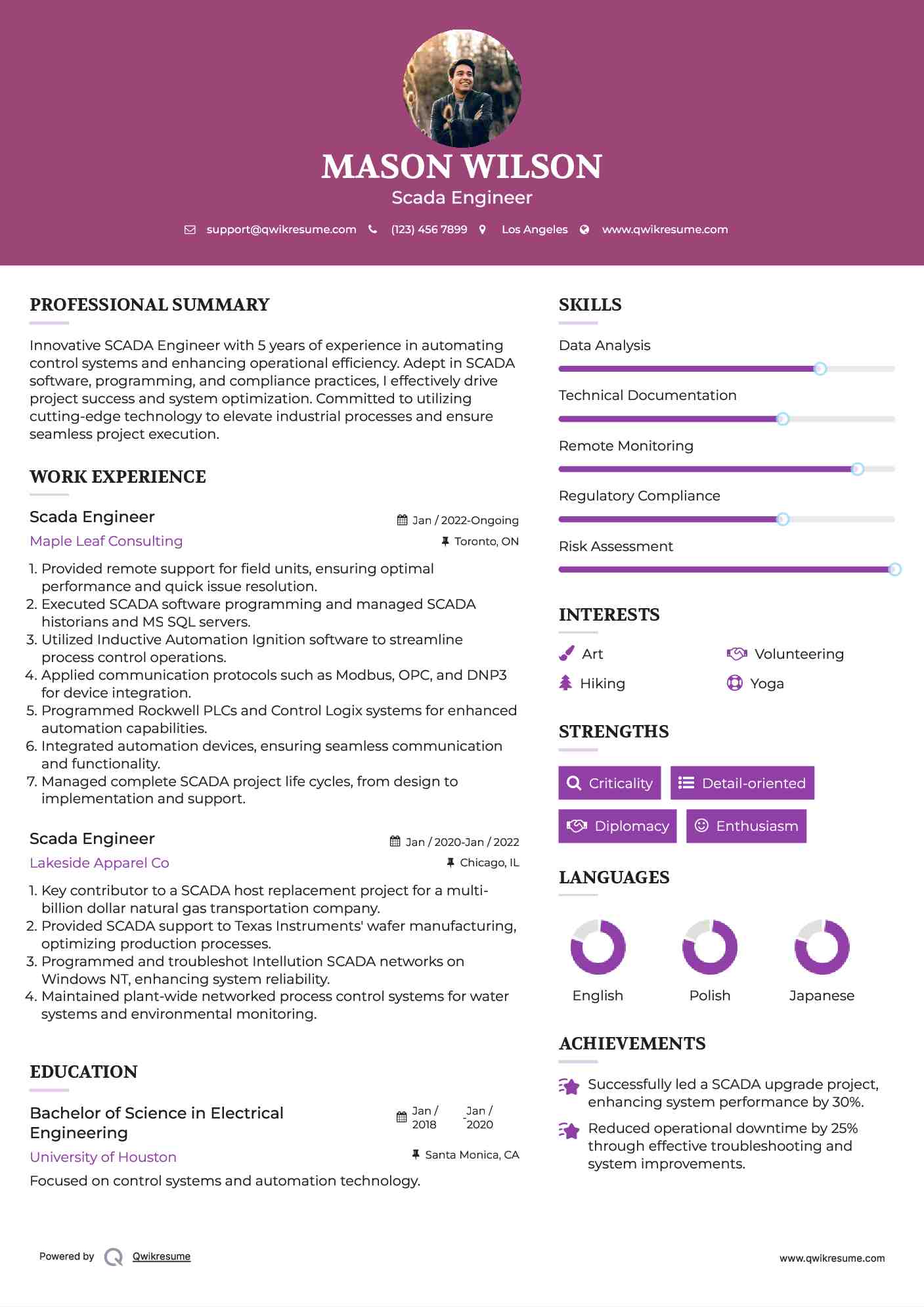 Scada Engineer Resume Example