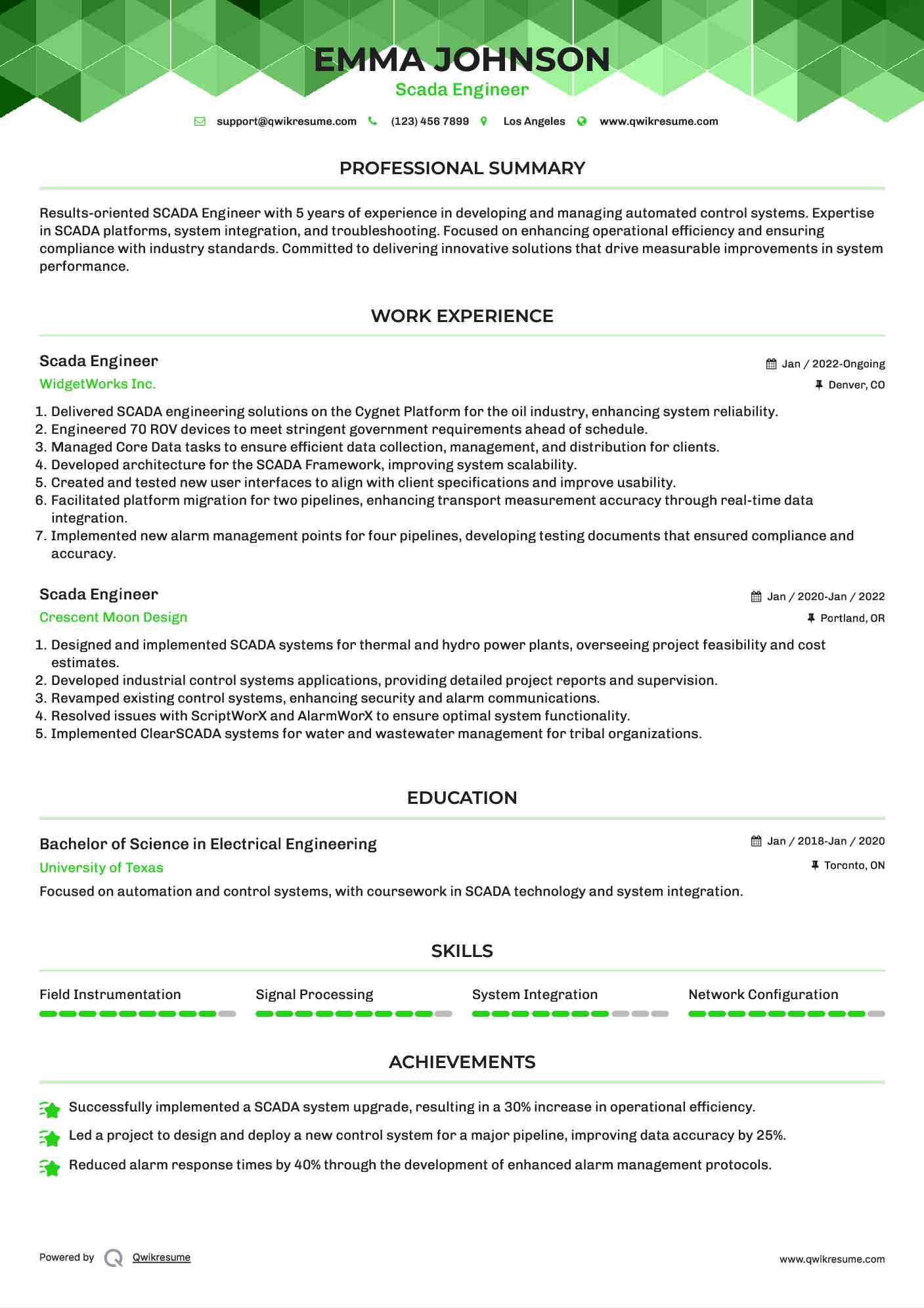 Scada Engineer Resume Example