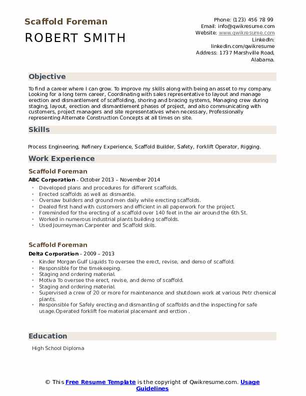 Scaffold Foreman Resume Samples QwikResume