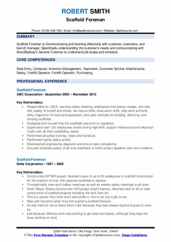 Scaffold Foreman Resume Samples QwikResume