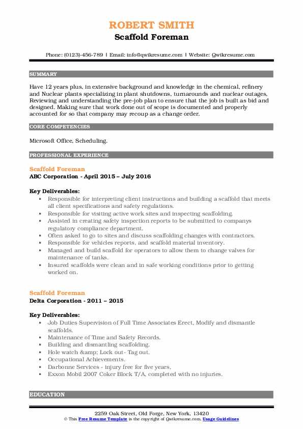 Scaffold Foreman Resume Samples QwikResume