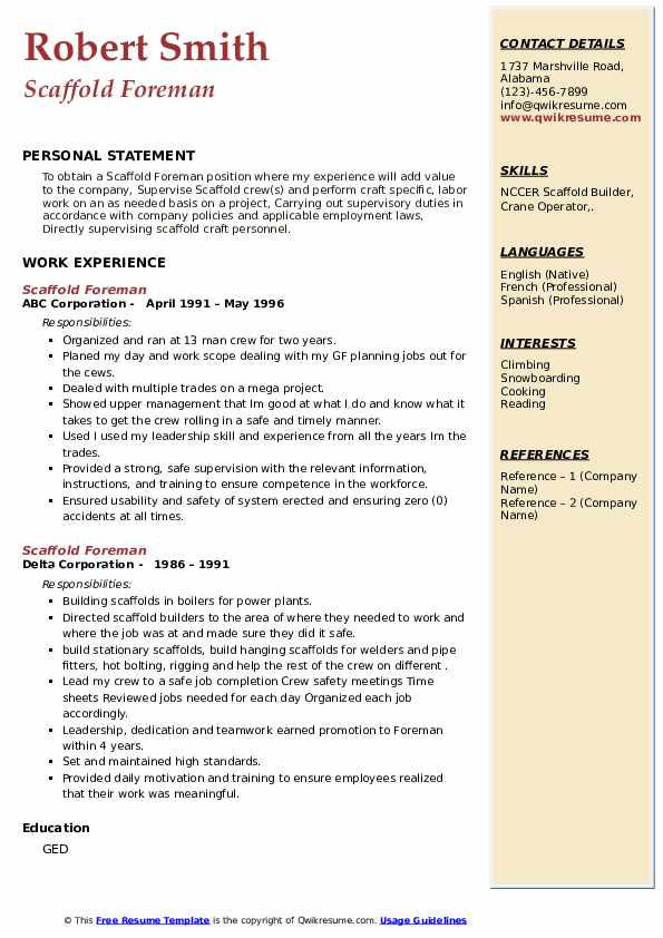 Scaffold Foreman Resume Samples QwikResume