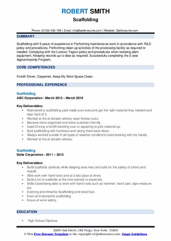 Scaffolding Resume Samples QwikResume