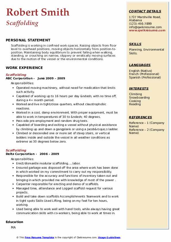 Scaffolding Resume Samples QwikResume
