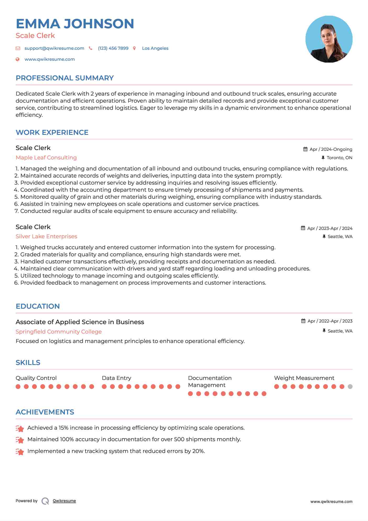 Scale Clerk Resume Sample