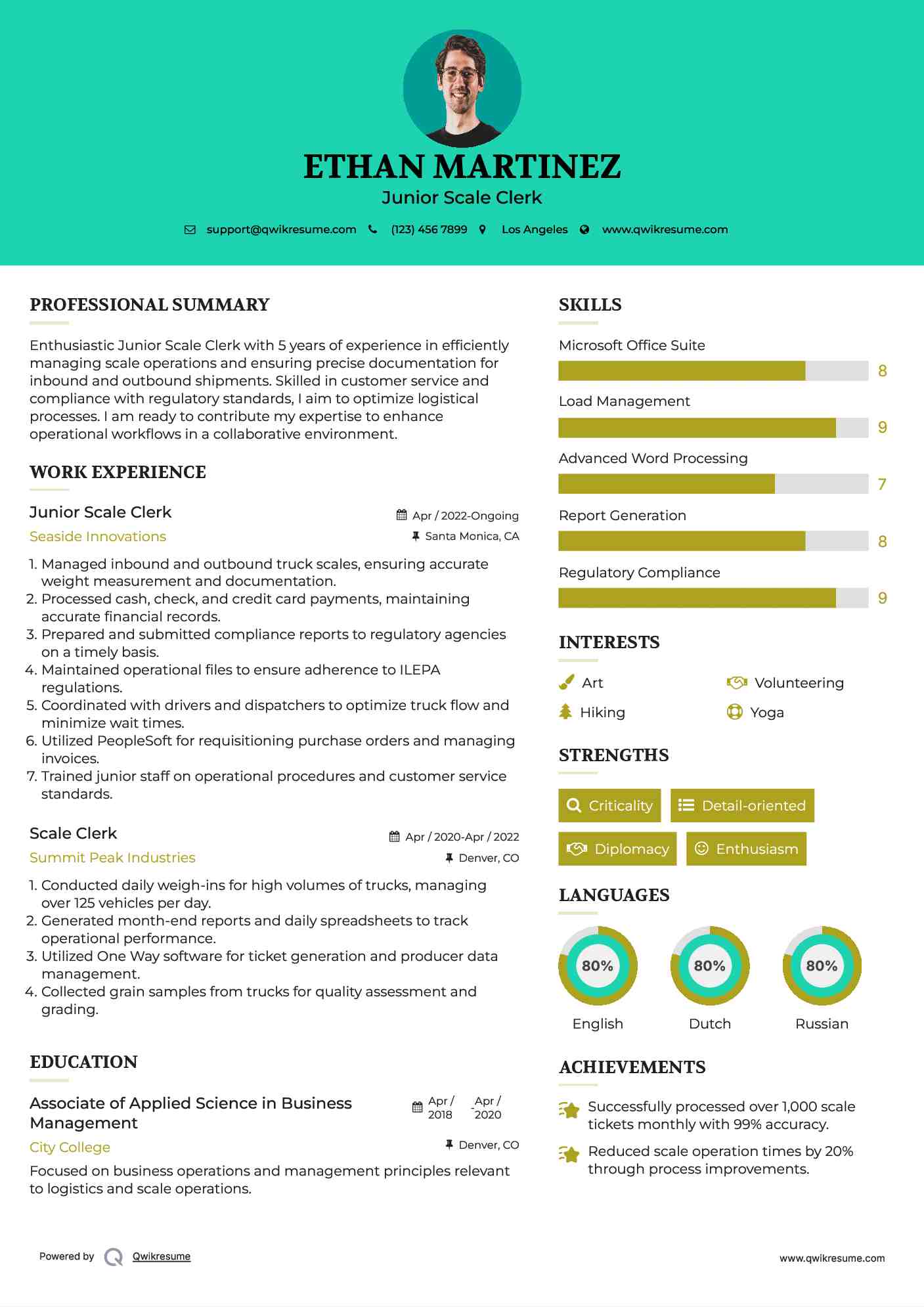 Junior Scale Clerk Resume Sample