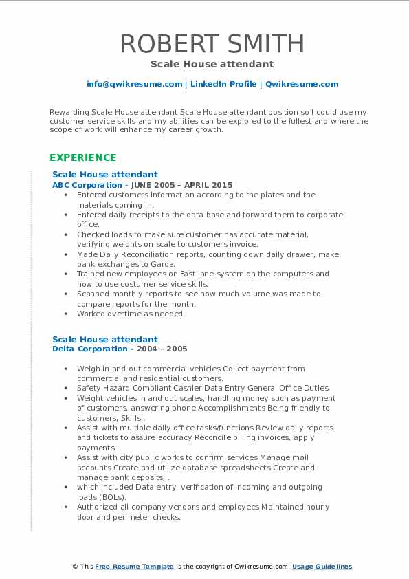 Scale House attendant Resume Samples QwikResume