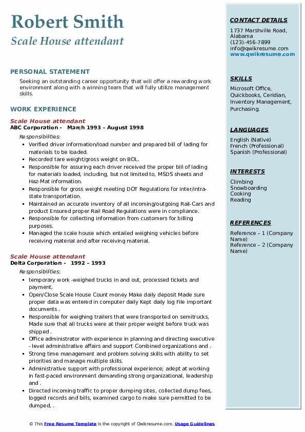 Scale House attendant Resume Samples QwikResume