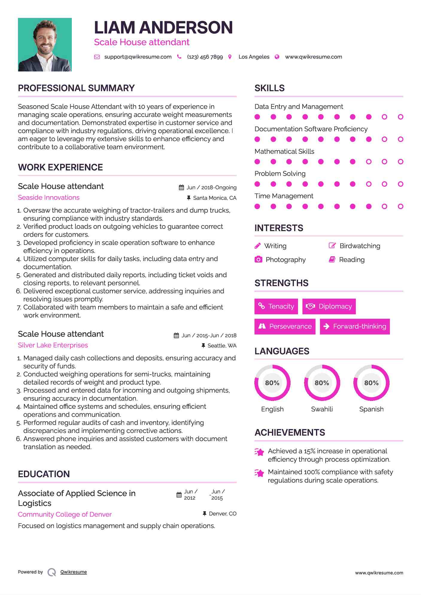 Scale House attendant Resume Format