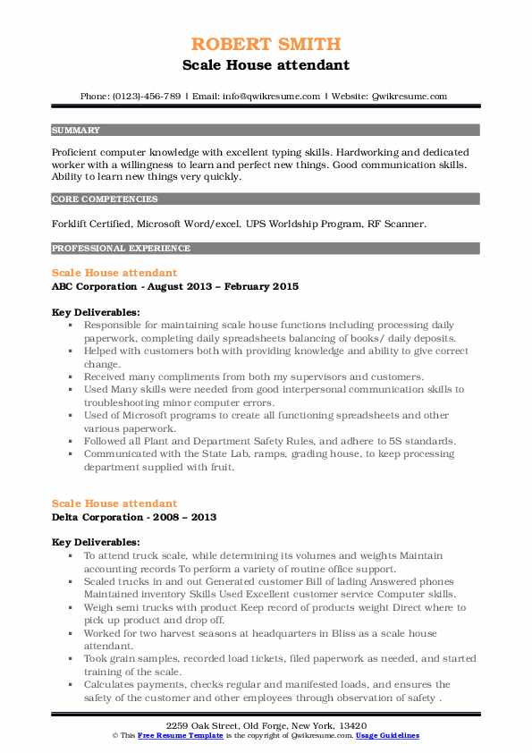 Scale House attendant Resume Samples QwikResume