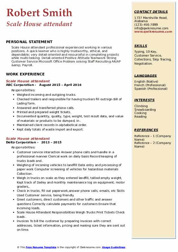 Scale House attendant Resume Samples QwikResume