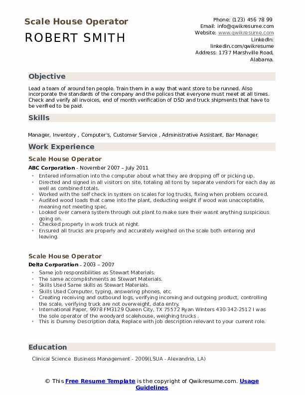 Scale House Operator Resume Samples QwikResume