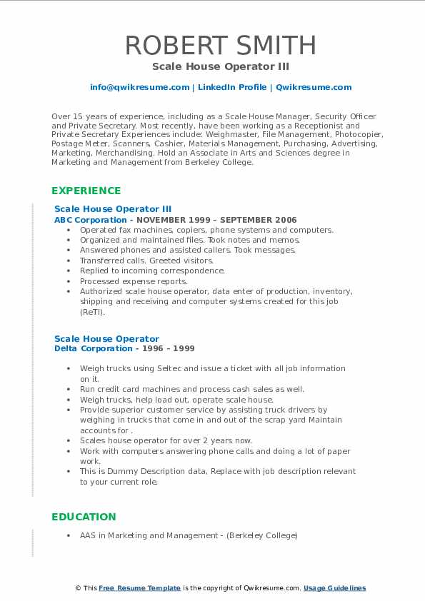 Scale House Operator Resume Samples QwikResume