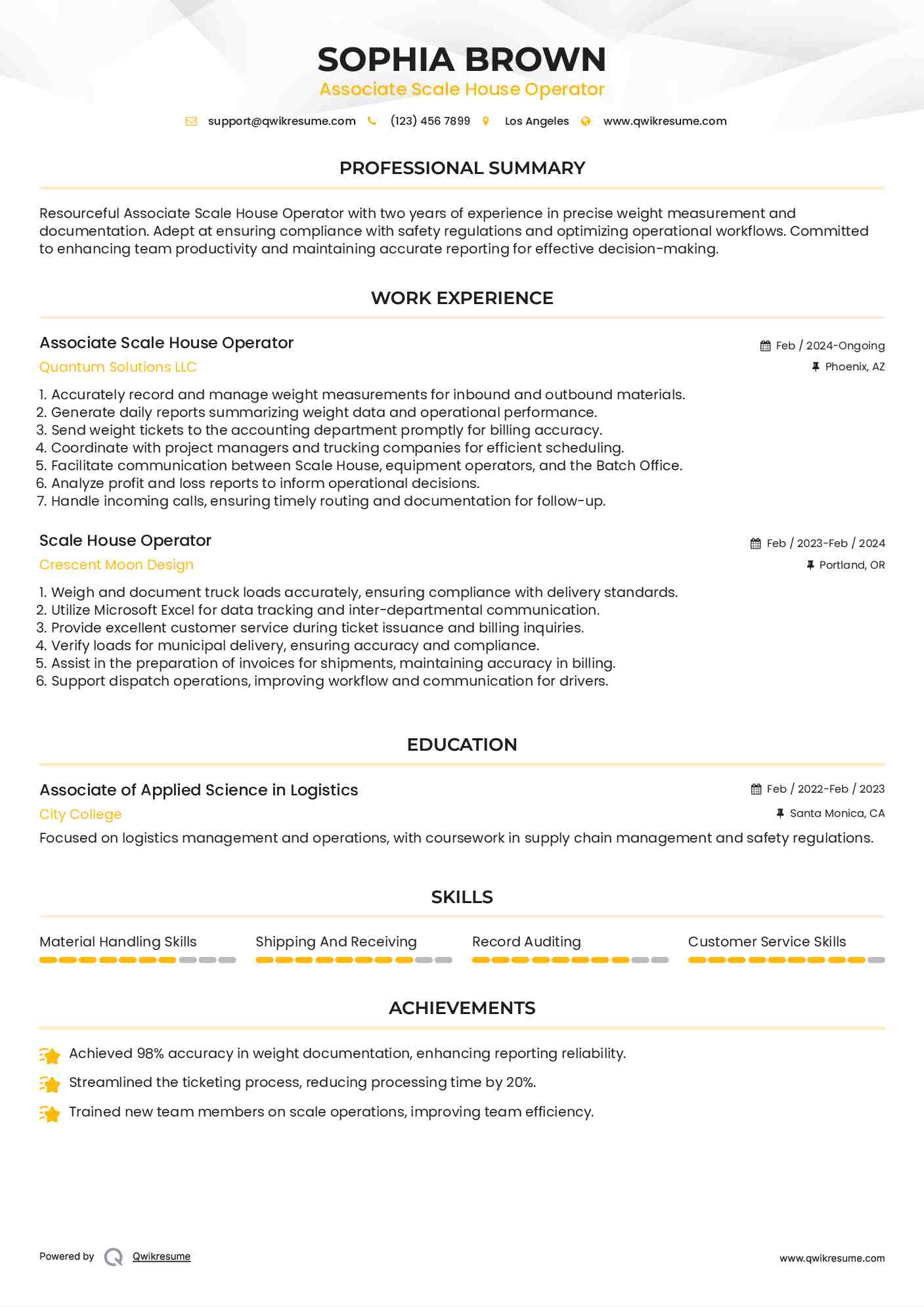 Associate Scale House Operator Resume Format