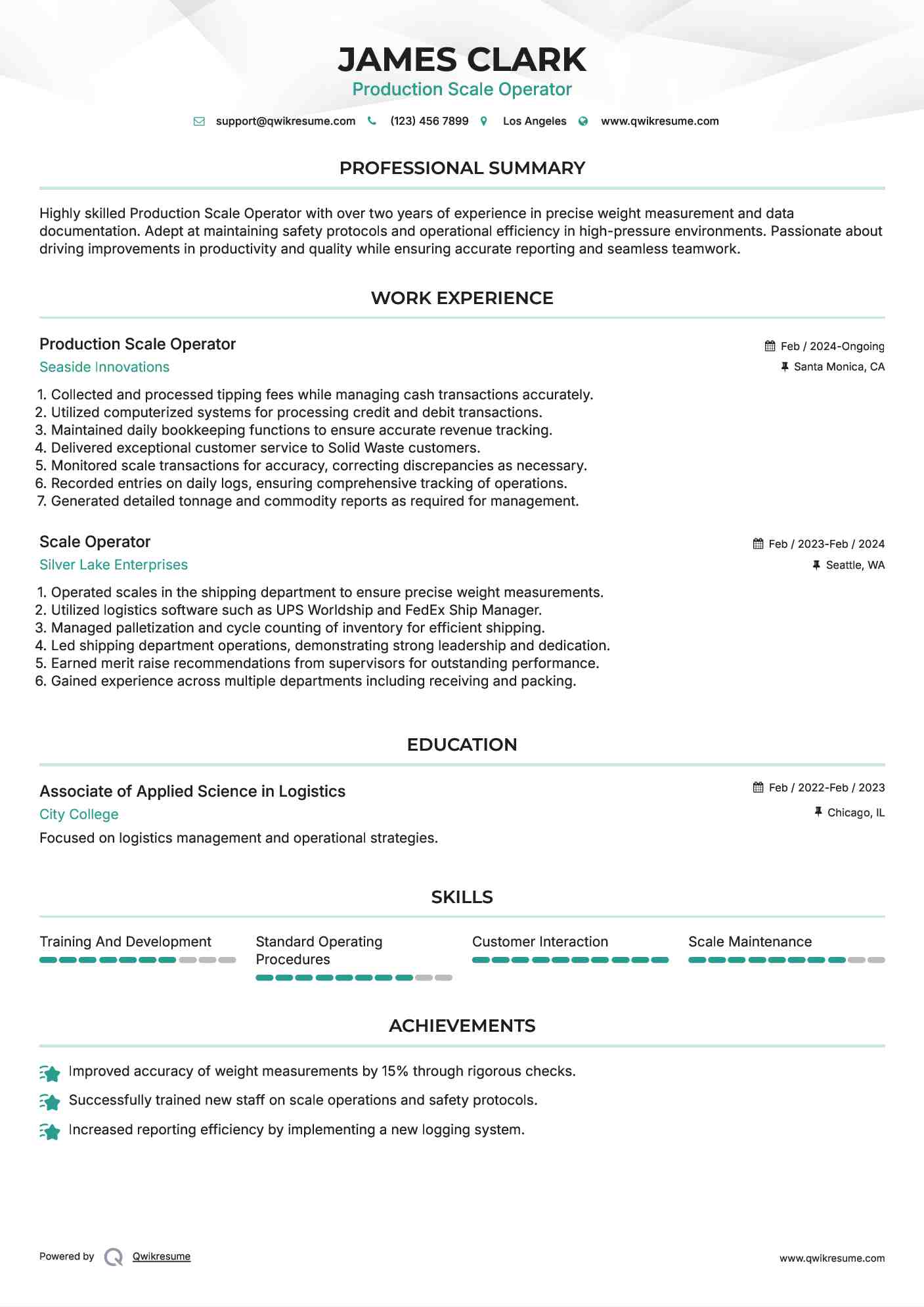Production Scale Operator Resume Model