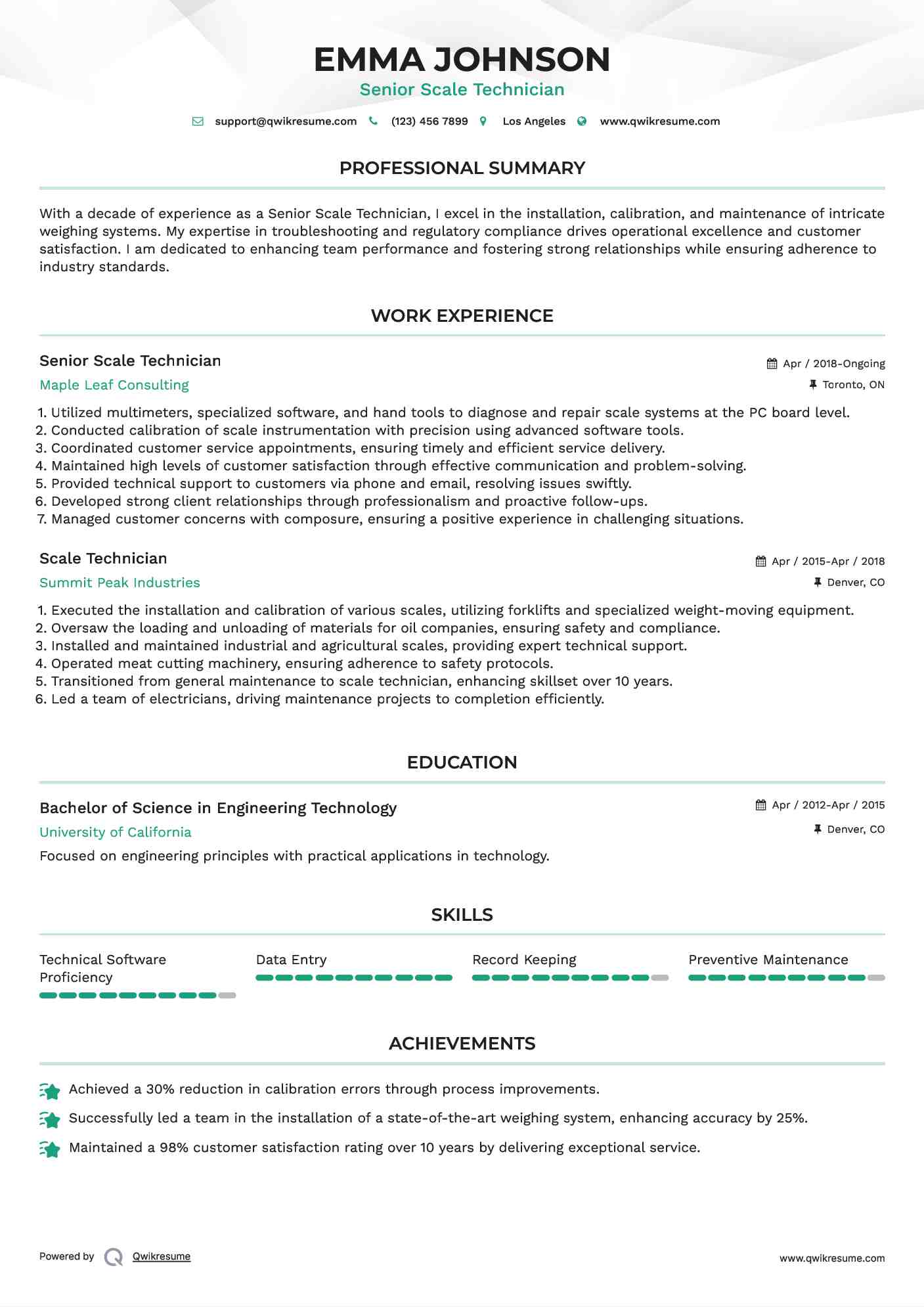 Scale Technician Resume Samples QwikResume