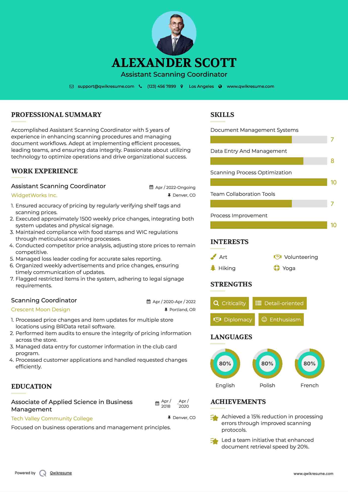 Assistant Scanning Coordinator Resume Sample