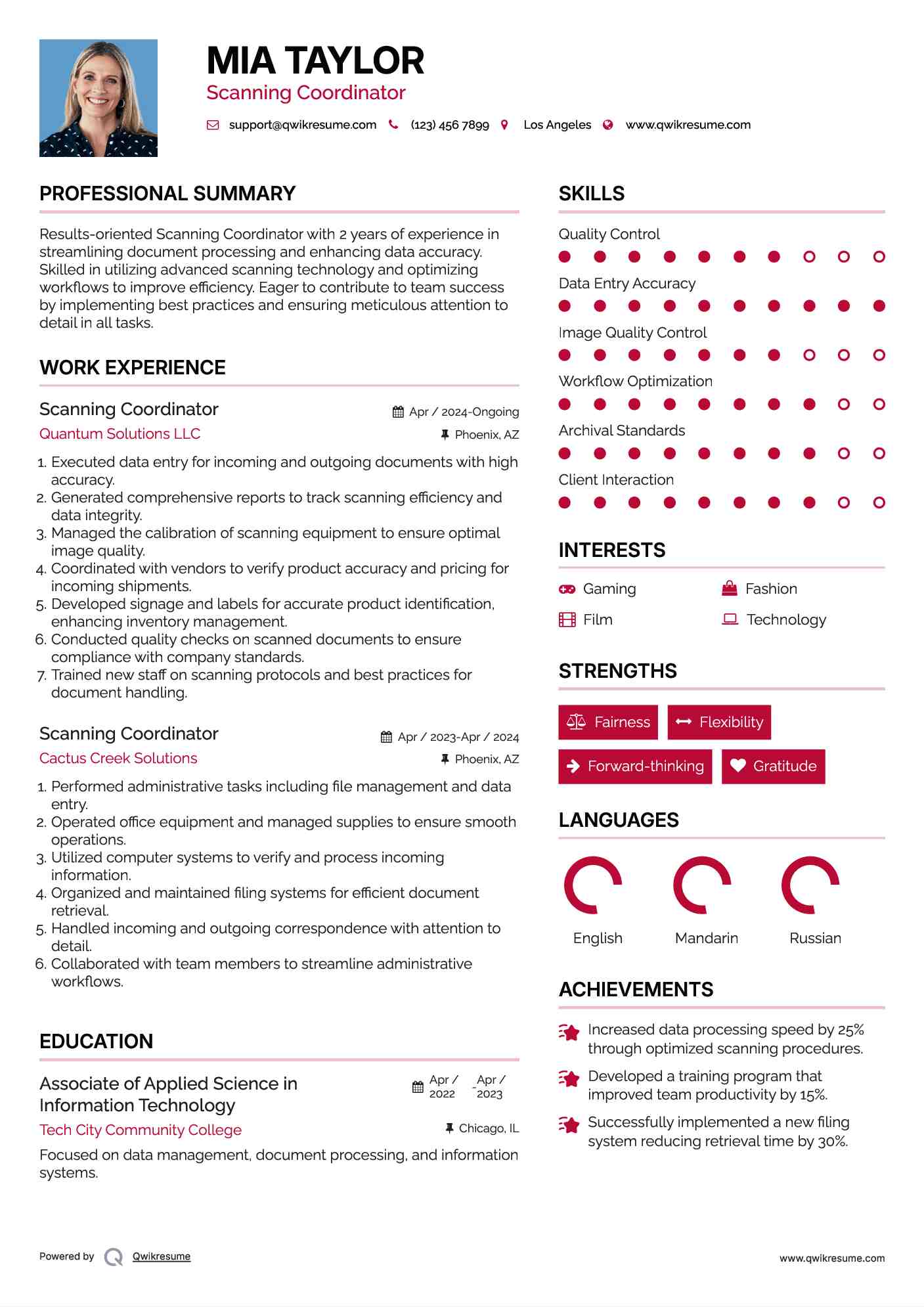 Scanning Coordinator Resume Samples QwikResume