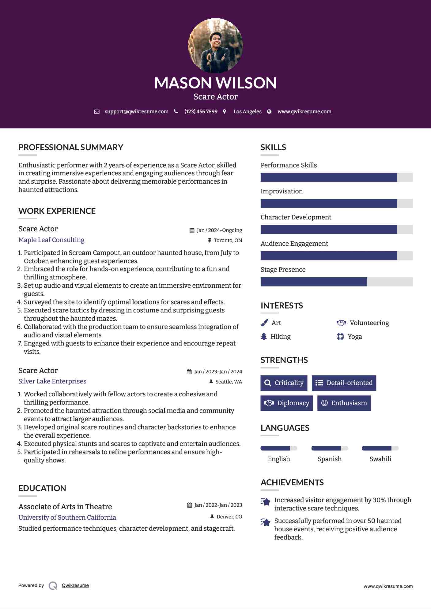 Scare Actor Resume Model