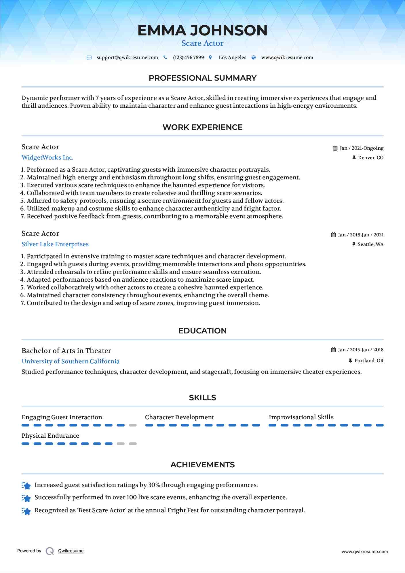 Scare Actor Resume Sample