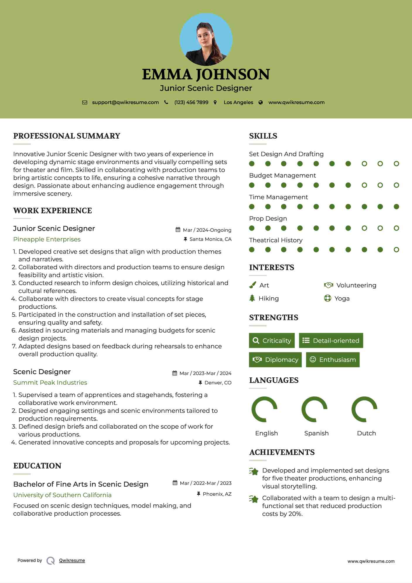 Junior Scenic Designer Resume Model