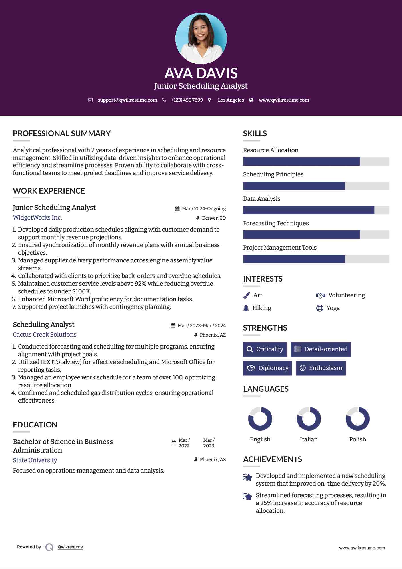 Junior Scheduling Analyst Resume Sample