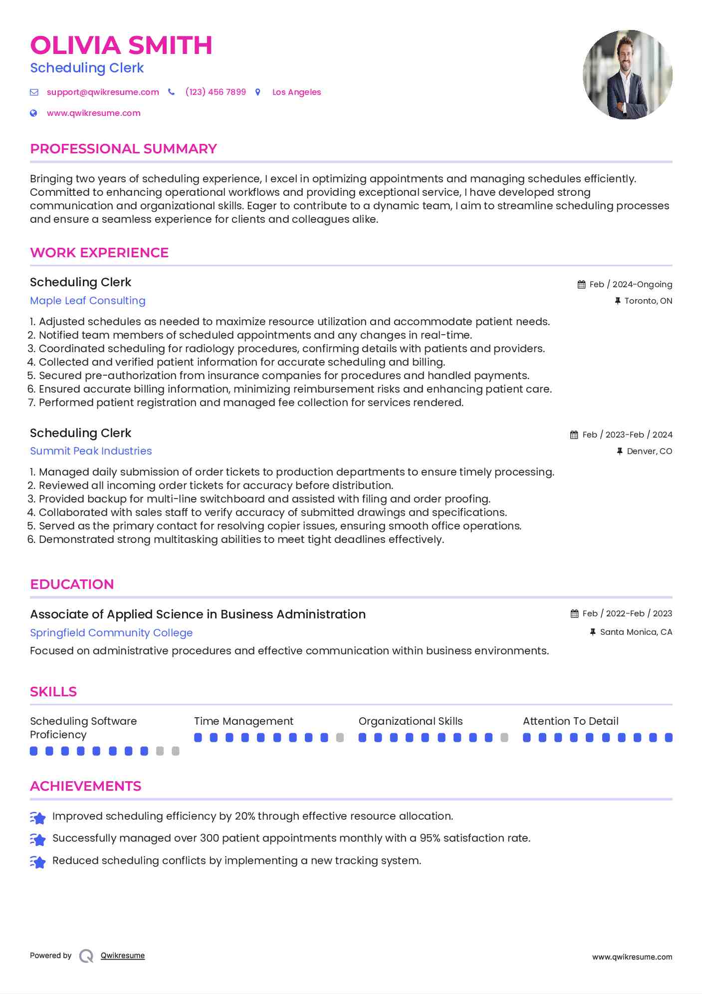 Scheduling Clerk Resume Example