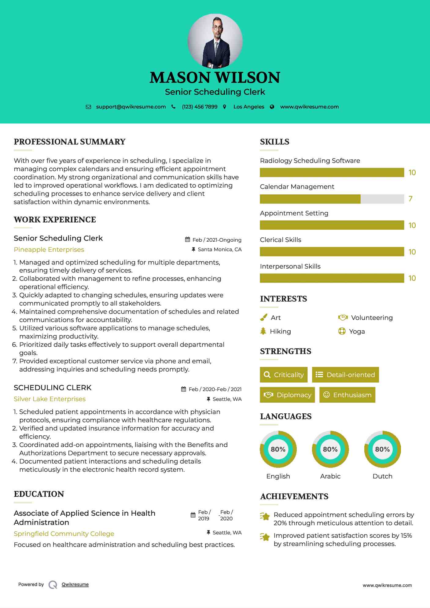 Senior Scheduling Clerk Resume Example