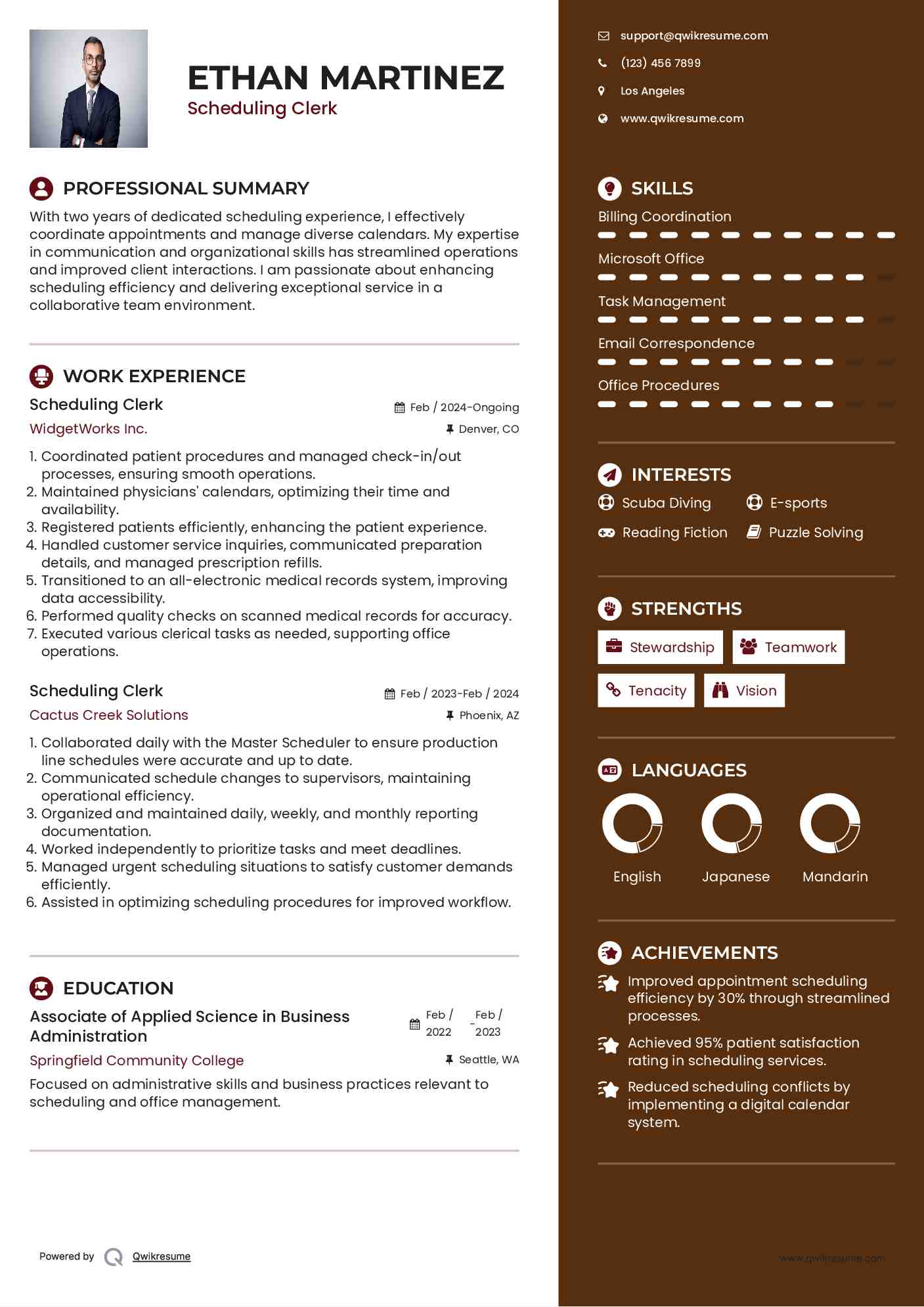 Scheduling Clerk Resume Example