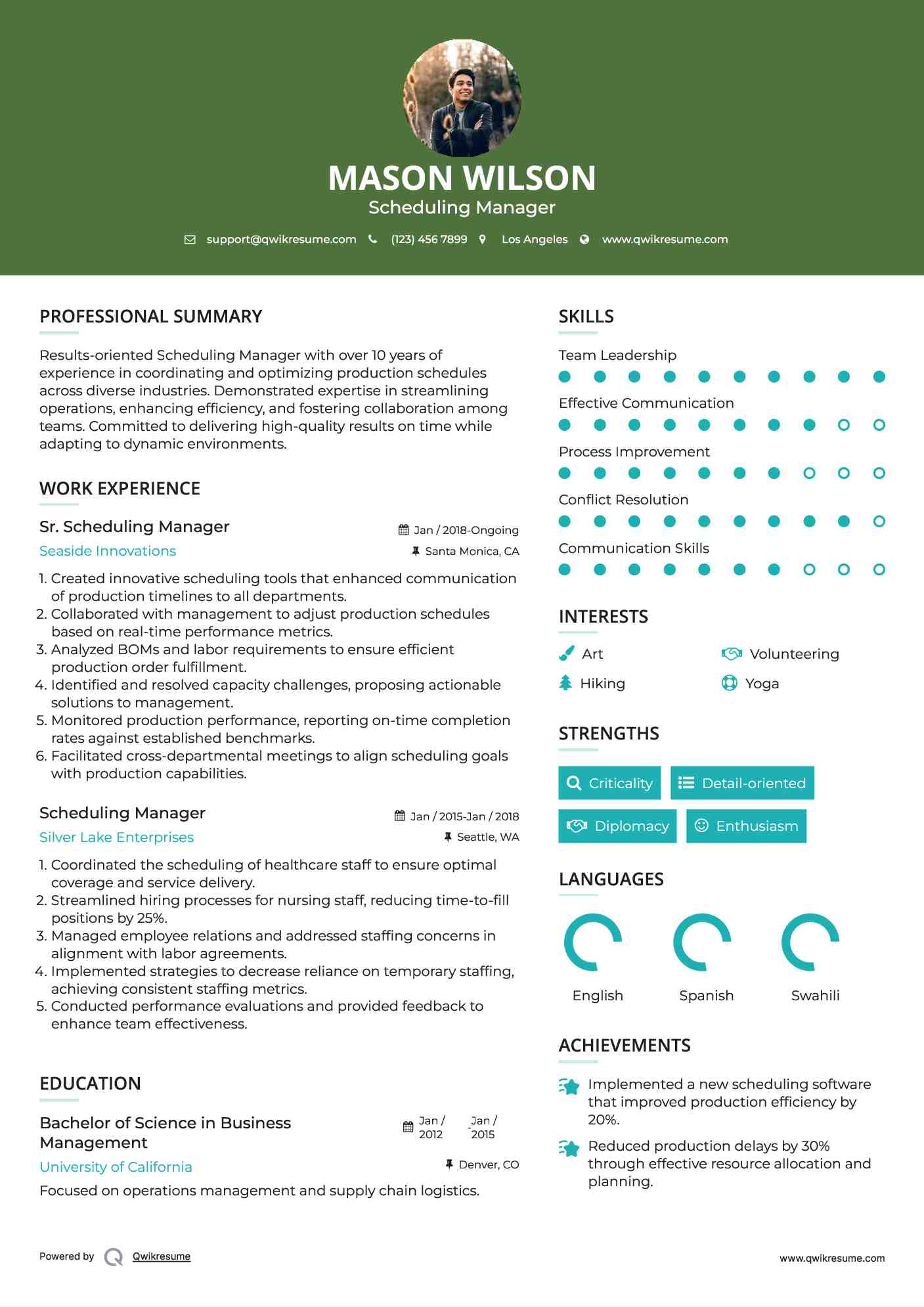 Sr. Scheduling Manager Resume Format