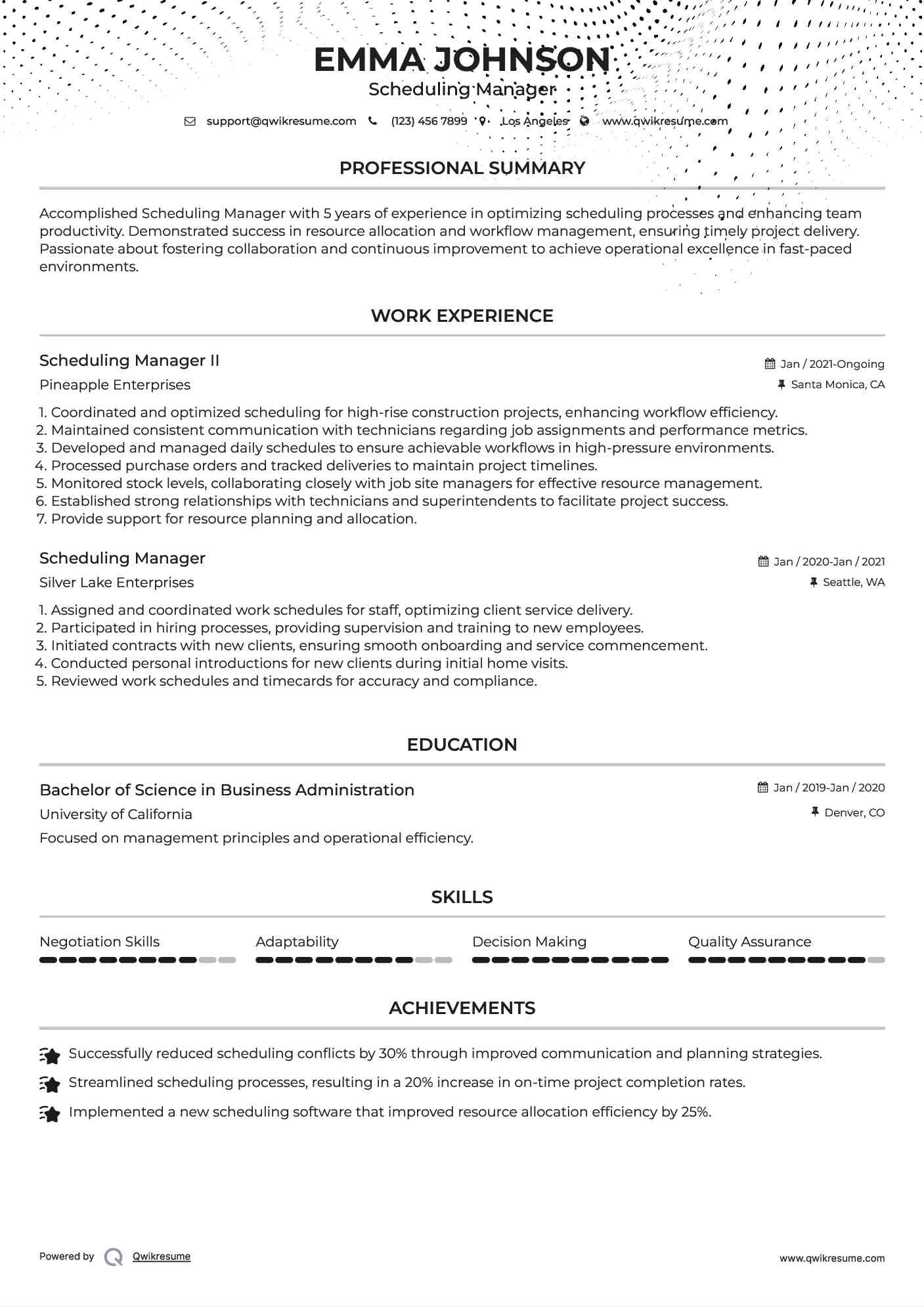 Scheduling Manager II Resume Sample