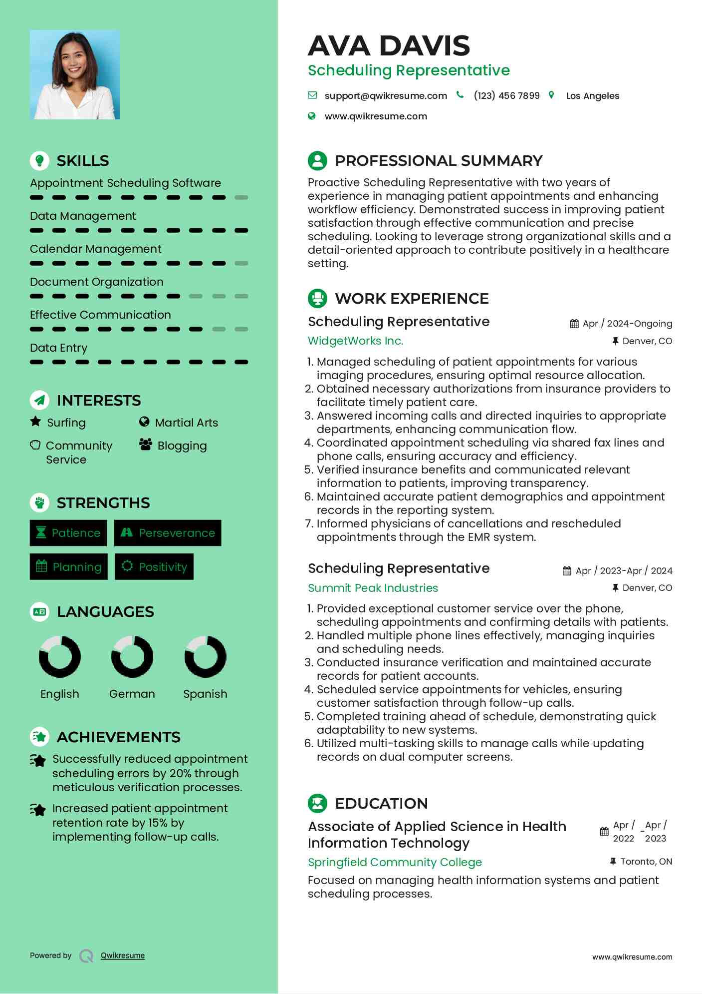 Scheduling Representative Resume Model