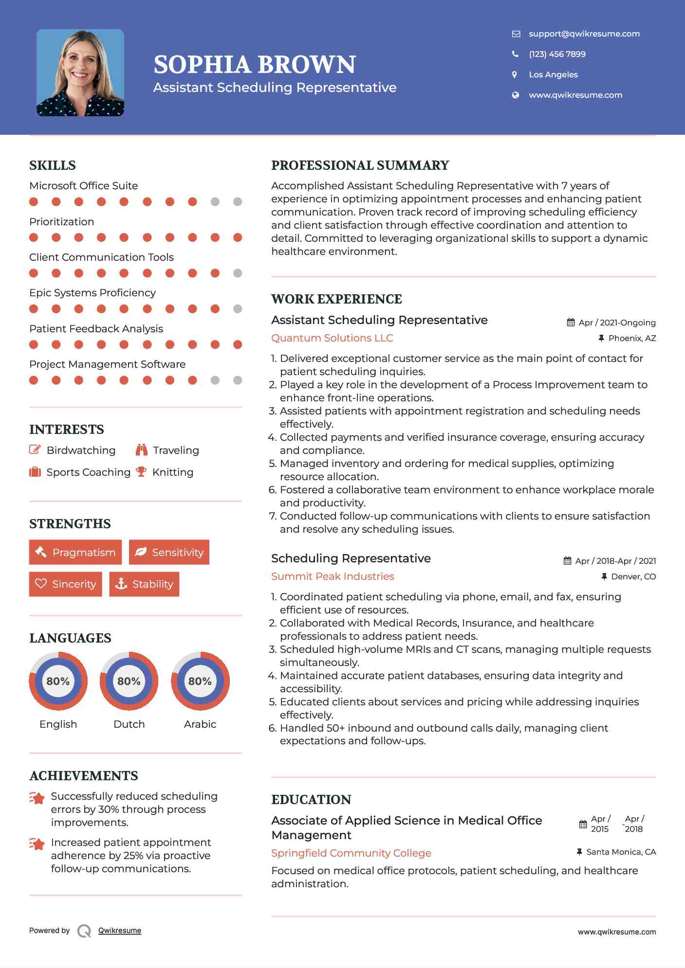 Assistant Scheduling Representative Resume Model