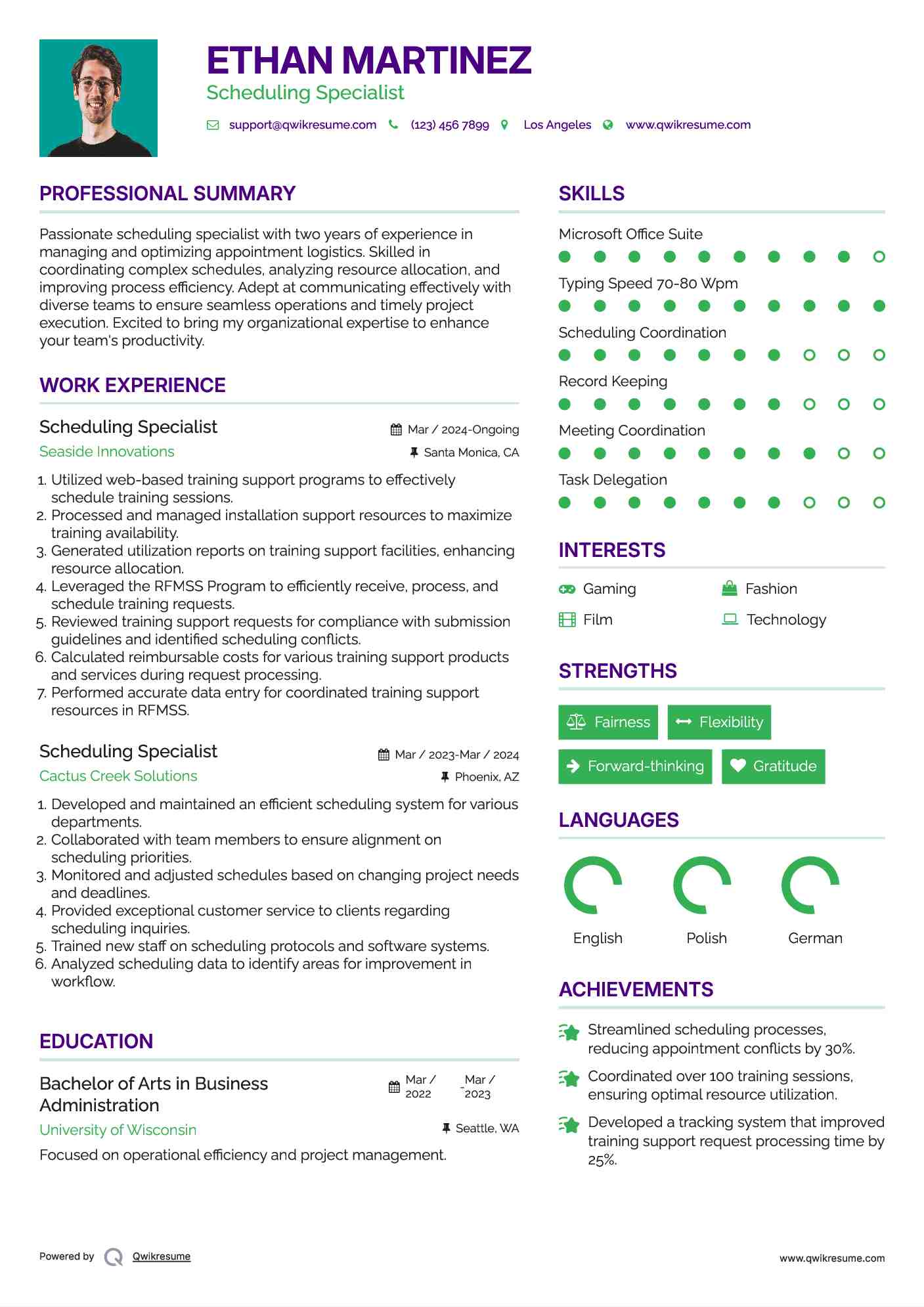 Scheduling Specialist Resume Example