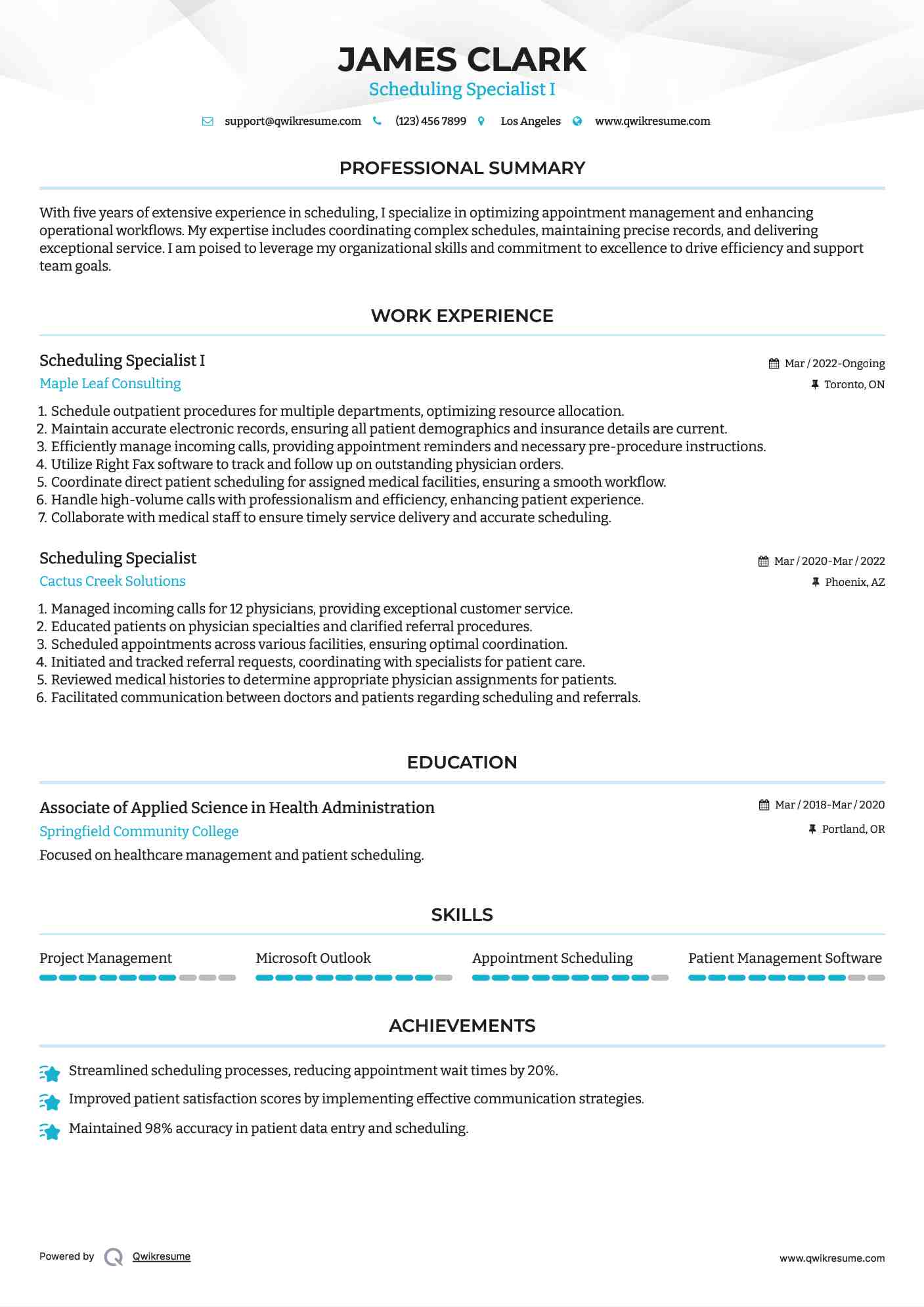 Scheduling Specialist I Resume Template