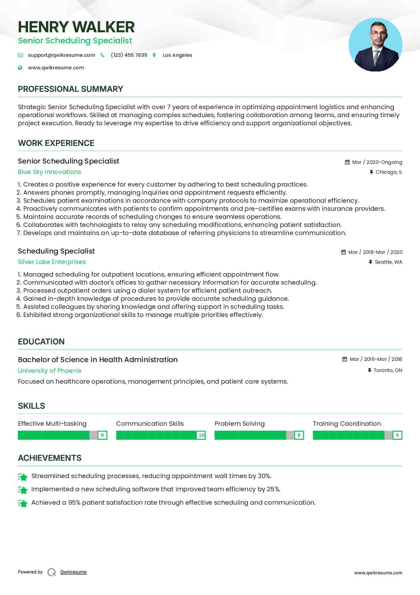 Senior Scheduling Specialist Resume Sample