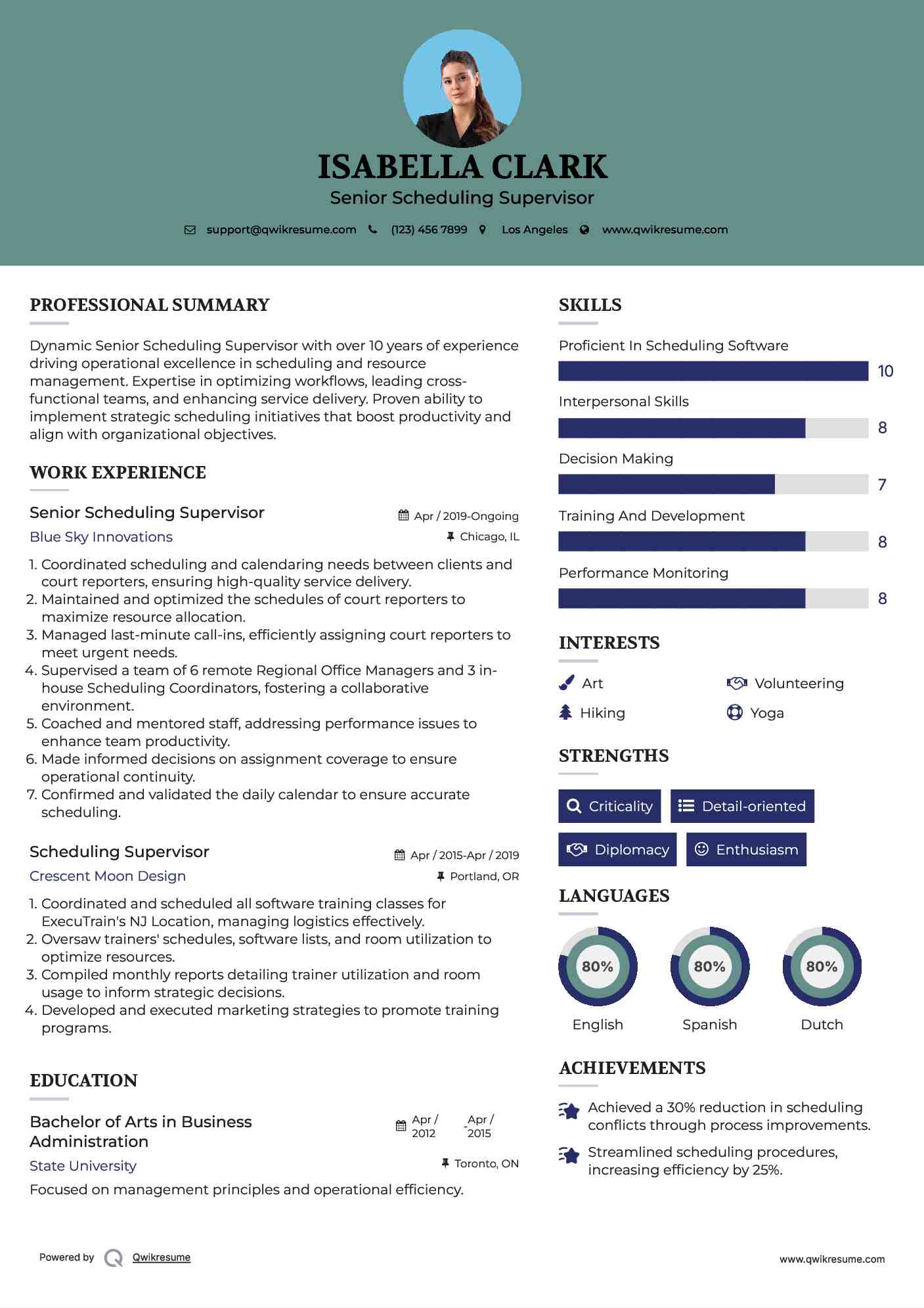 Senior Scheduling Supervisor Resume Example