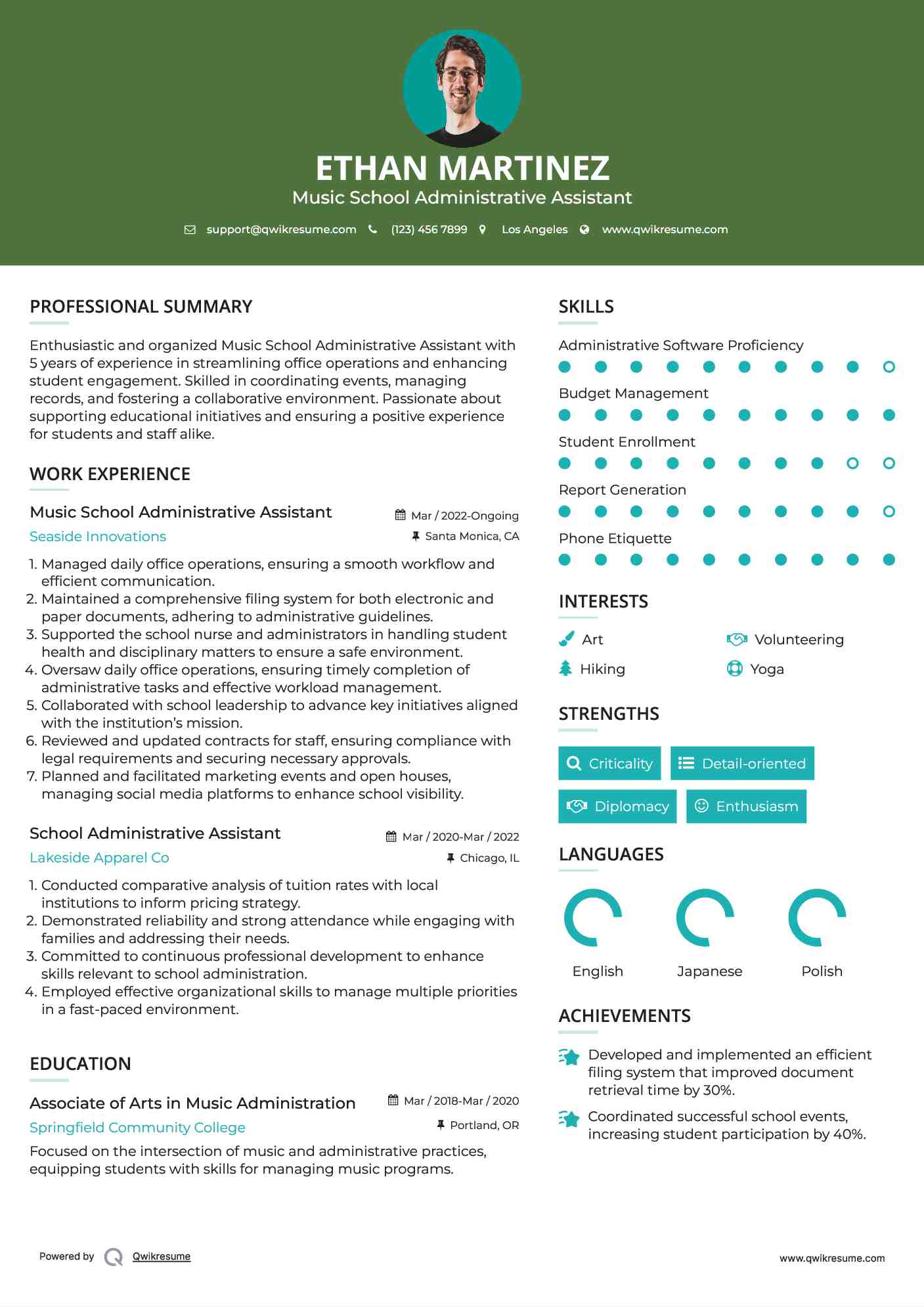 Music School Administrative Assistant
 Resume Example