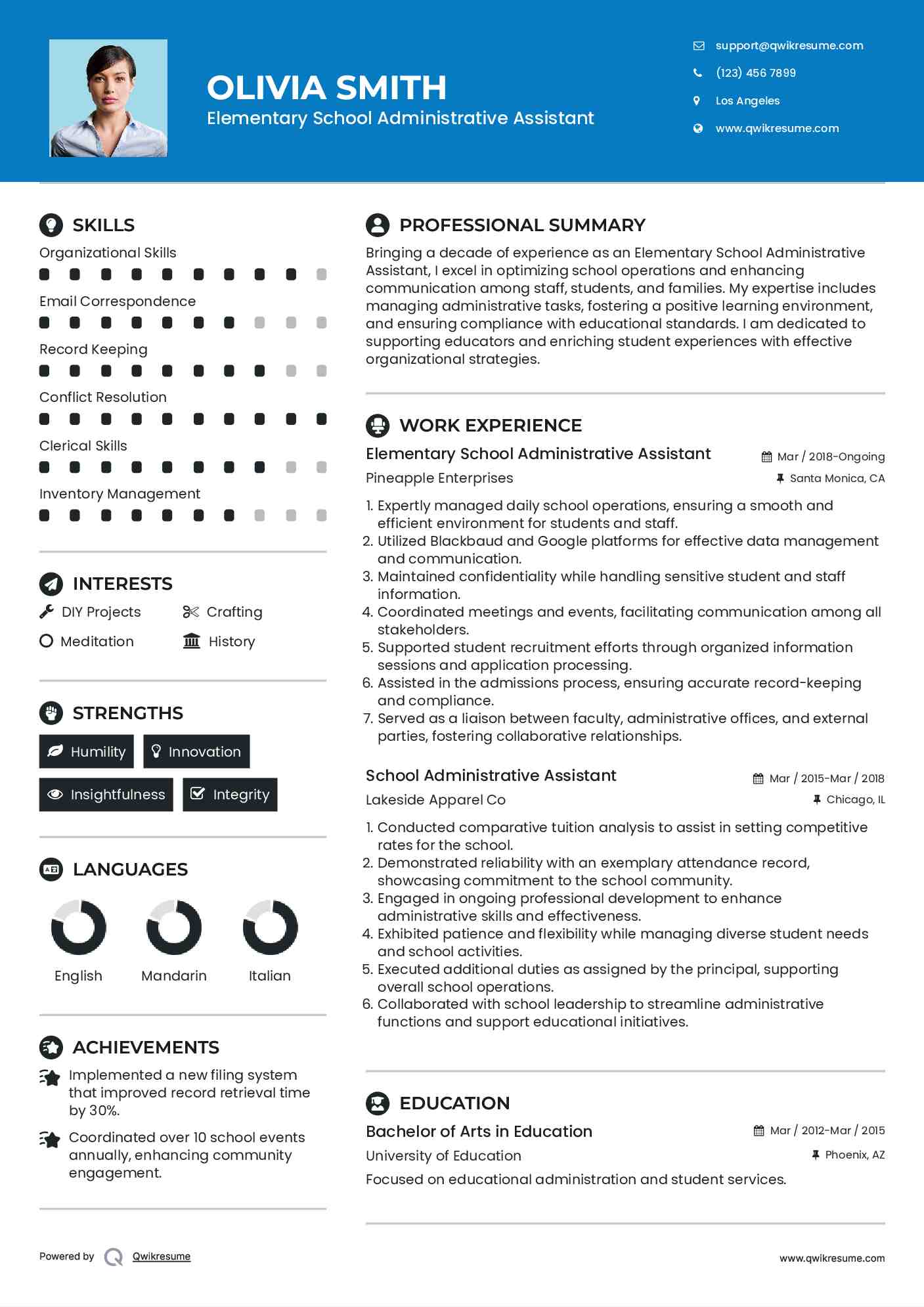 Elementary School Administrative Assistant
 Resume Format