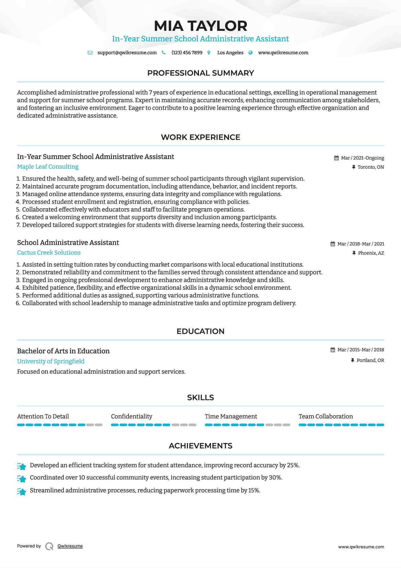 In-Year Summer School Administrative Assistant
 Resume Example